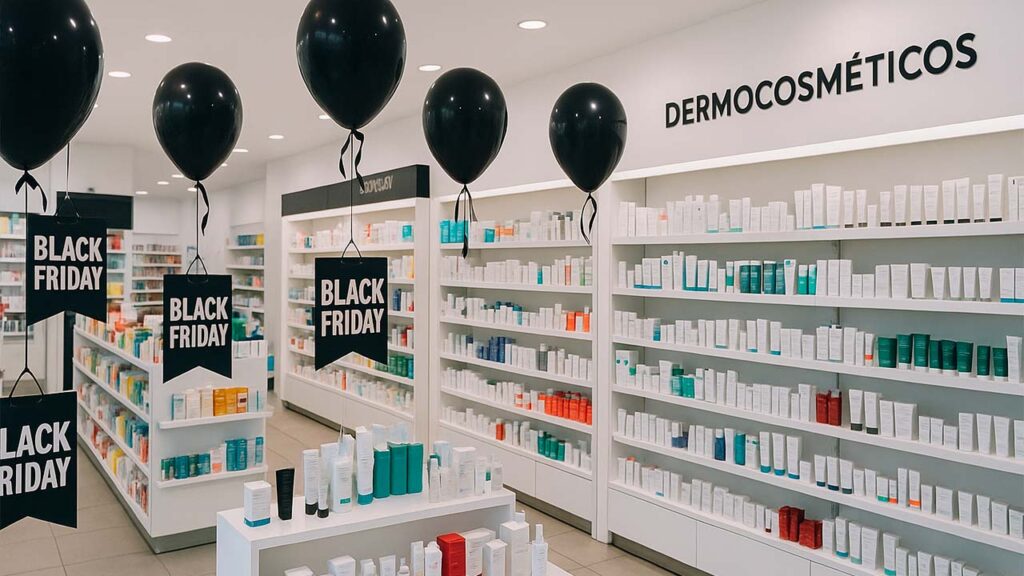 Interior de uma farmácia moderna decorada para a Black Friday para Farmácias em 2025, com prateleiras cheias de produtos de dermocosméticos e balões pretos criando um clima de promoção e elegância.