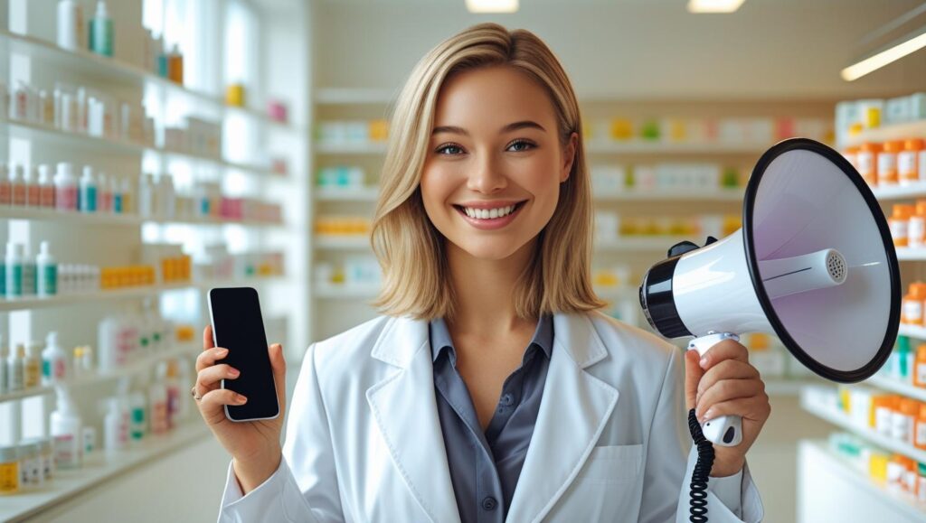 farmacêutica anunciando a sustentabilidade na farmácia