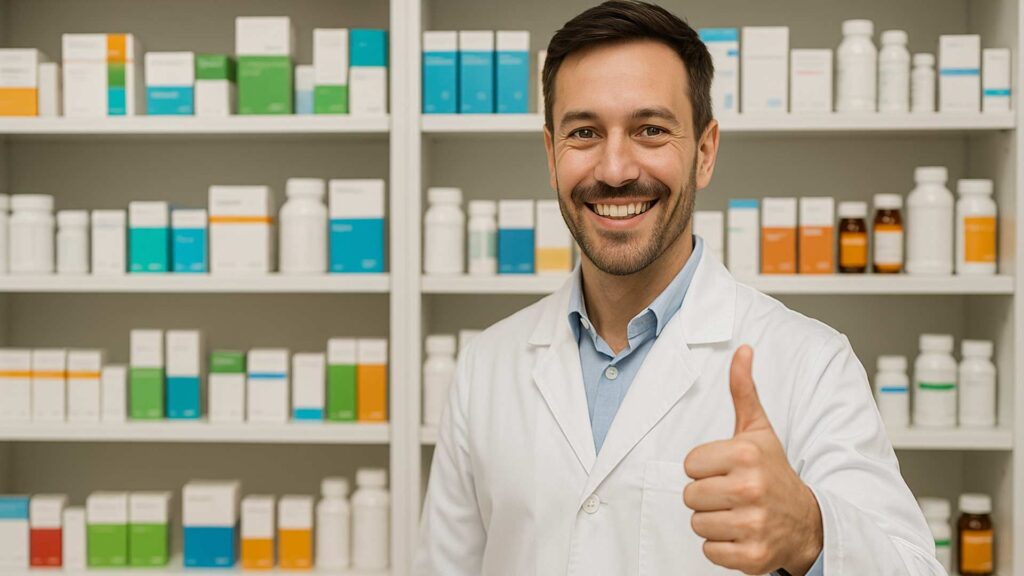 Farmacêutico sorridente vestindo jaleco branco faz sinal de joia em frente a prateleiras organizadas com produtos variados, representando satisfação e faceamento de estoque na farmácia