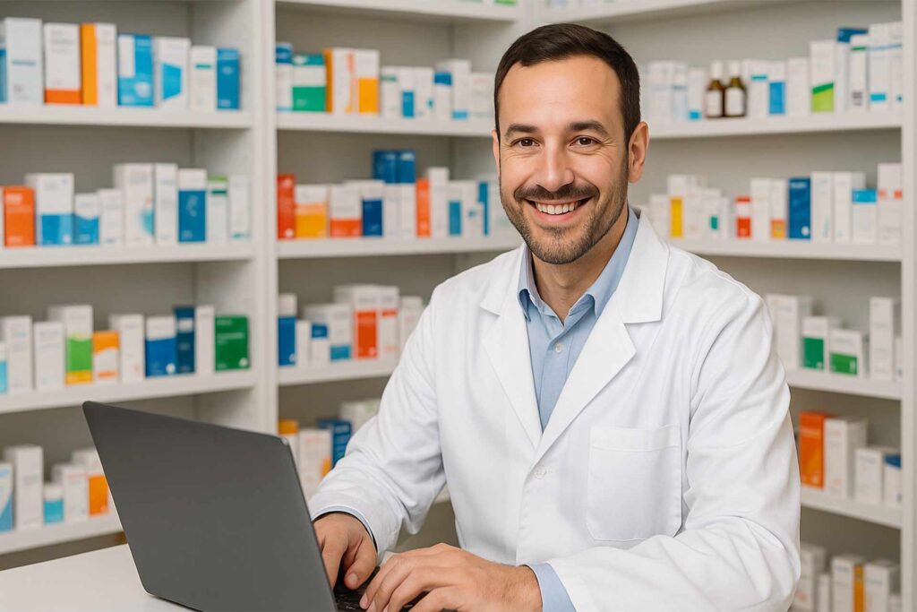 Farmacêutico sorridente vestindo jaleco branco utiliza um computador em frente a prateleiras organizadas com produtos bem alinhados, demonstrando faceamento de estoque e boa gestão em uma farmácia moderna