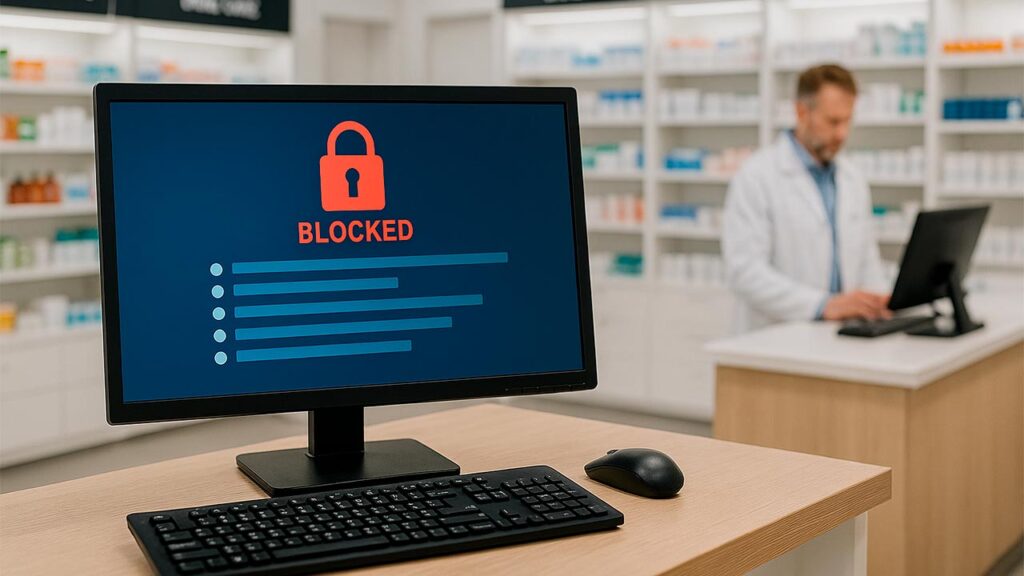 Computador sobre o balcão de uma farmácia moderna exibindo uma tela de sistema com alerta de bloqueio e lista de exceção na farmácia, com prateleiras organizadas e um farmacêutico ao fundo
