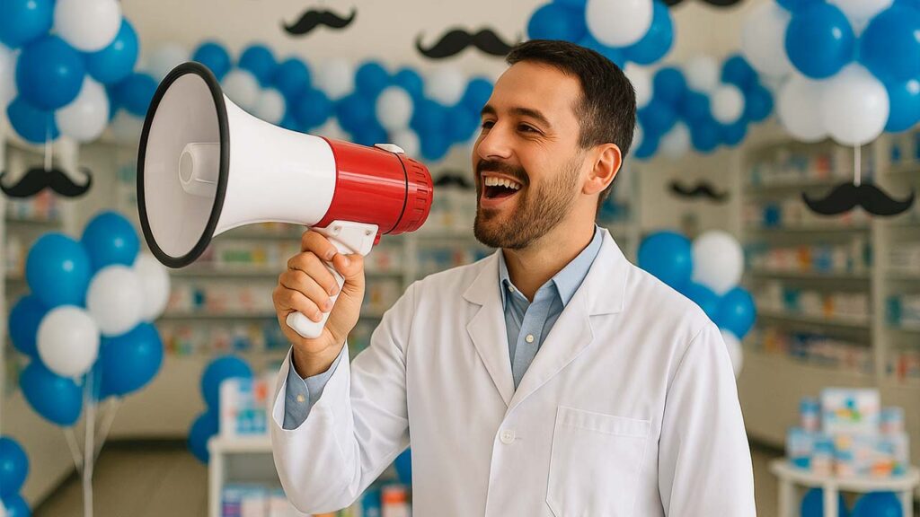 farmacêutico anunciando promoções para dia dos pais na farmácia